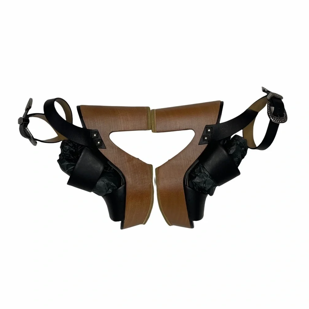 NEW Sonia Rykiel Black Leather/Wood Platforms 38
